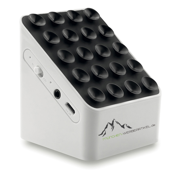 2.1 Bluetooth Lautsprecher und Smartphonehalter mit Saugnäpfen -  individuell bedruckbar - MÜNCHEN-WERBEARTIKEL.de